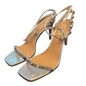 Valentino Garavani Glitter Rockstud Metallic Sandals Ankle Strap Italy Silver 10